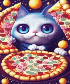 Cartoon Cat Eating Pizza 5D Diamond Painting