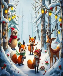 Cartoon Christmas Animals In Snow 5D Diamond Painting