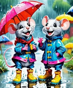Cartoon Mice Under Rain 5D Diamond Painting