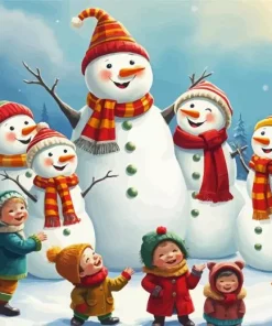 Cartoon Snowman Family With Children 5D Diamond Painting