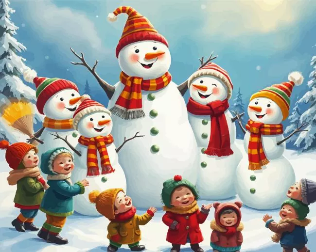 cartoon snowman family with children Diamond By Numbers Cartoon Snowman Family With Children 5D Diamond Painting