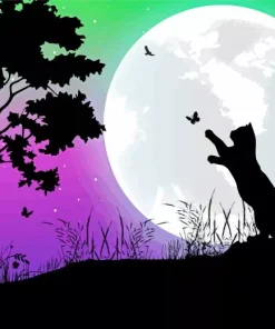 Cat And Butterfly Moon Silhouette 5D Diamond Painting