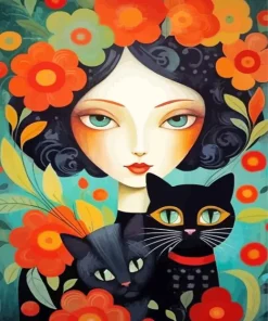 Cat And Floral Girl Art 5D Diamond Painting
