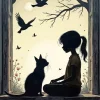 Cat And Little Girl Silhouette 5D Diamond Painting