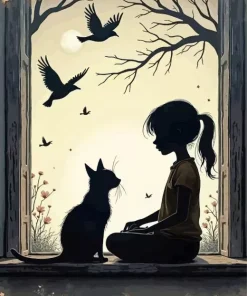 Cat And Little Girl Silhouette 5D Diamond Painting