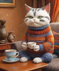 Cat Drinking Tea 5D Diamond Painting
