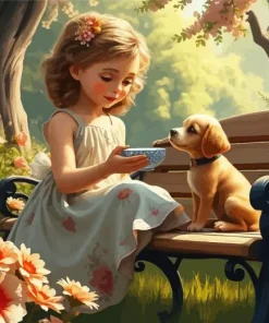 Cute Girl Feeding Dog 5D Diamond Painting