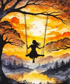 Girl On A Swing Silhouette Sunset 5D Diamond Painting