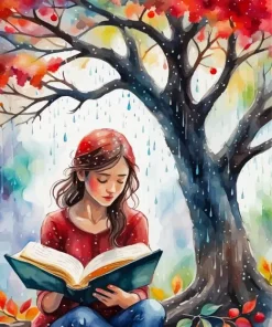 Girl Reading A Book Under A Tree Art 5D Diamond Painting
