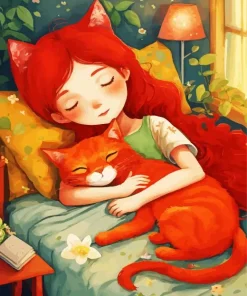 Girl Sleeping With Cat Art 5D Diamond Painting