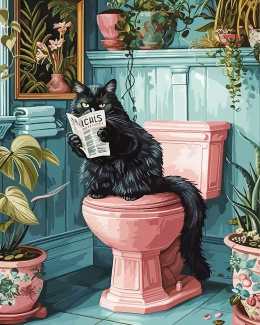 Black cat sitting on a toilet Diamond With Numbers Black Cat Sitting On A Toilet 5D Diamond Painting
