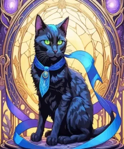 Black Cat With Blue Ribbon 5D Diamond Painting