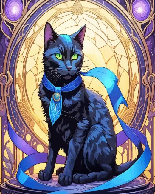 Black cat with blue ribbon Diamond Paintings Black Cat With Blue Ribbon 5D Diamond Painting