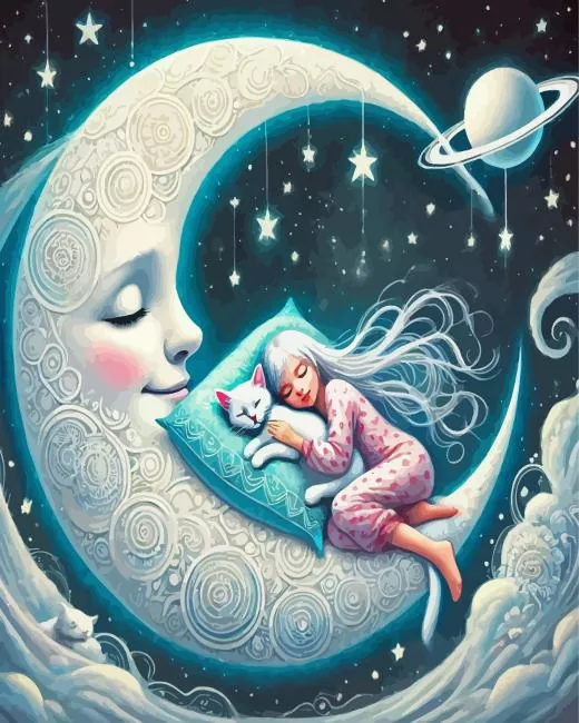 Cat and girl sleeping on the momn Diamond With Numbers Cat And Girl Sleeping On The Moon 5D Diamond Painting