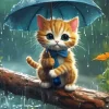 Cat Under Umbrella In Rainy Day 5D Diamond Painting