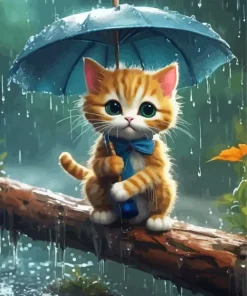 Cat Under Umbrella In Rainy Day 5D Diamond Painting