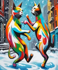 Colorful Cats Dancing In Snow 5D Diamond Painting