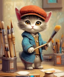 Cute Cat Holding Paintbrush 5D Diamond Painting