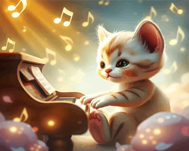 Cute cat playing the piano Diamond With Numbers Cute Cat Playing The Piano 5D Diamond Painting