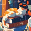 Illustration Cat Sleeping On Books 5D Diamond Painting