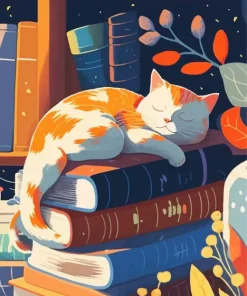 Illustration Cat Sleeping On Books 5D Diamond Painting
