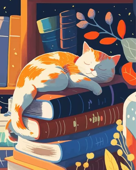 Illustration Cat Sleeping On Books Diamond Paintings Illustration Cat Sleeping On Books 5D Diamond Painting