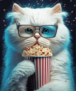 White Cat Eating Popcorn 5D Diamond Painting