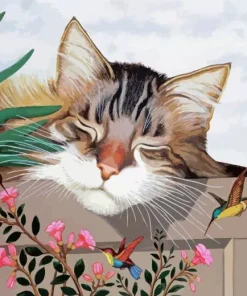 Cat And Hummingbirds 5D Diamond Painting
