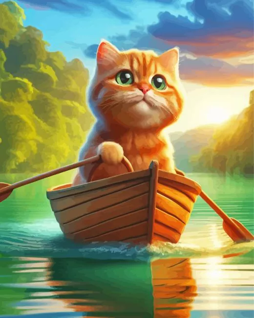 cat rowing a boat Diamond With Numbers Cat Rowing A Boat 5D Diamond Painting