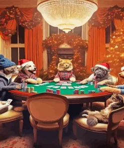 Cats And Dogs Playing Poker In Christmas 5D Diamond Painting