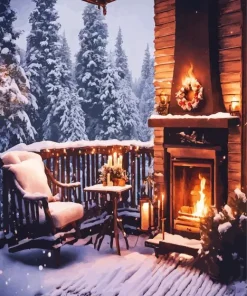 Chair By Fireplace In Winter 5D Diamond Painting