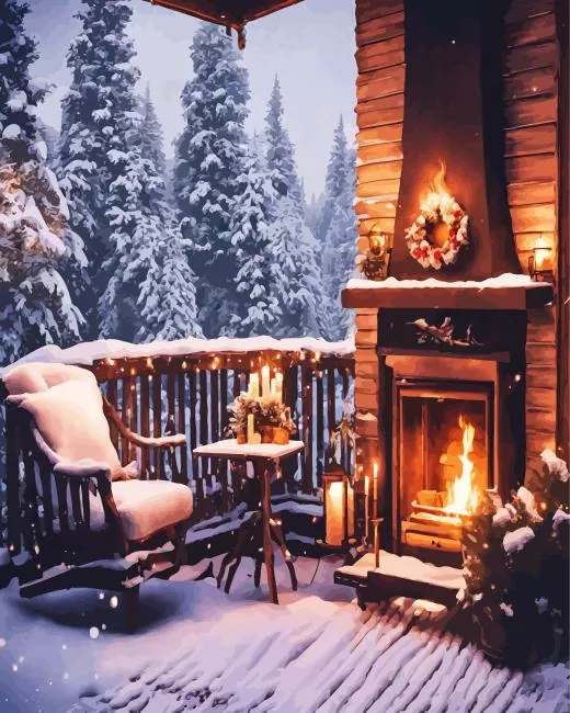 chair by fireplace in winter Diamond Paintings Chair By Fireplace In Winter 5D Diamond Painting