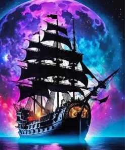 Full Moon Pirate Ship Silhouette 5D Diamond Painting
