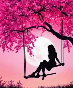 Pink Silhouette Girl On Swing 5D Diamond Painting