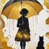 Silhouette Girl With Umbrella And Cat 5D Diamond Painting