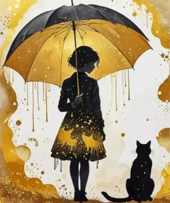 Silhouette Girl With Umbrella And Cat 5D Diamond Painting