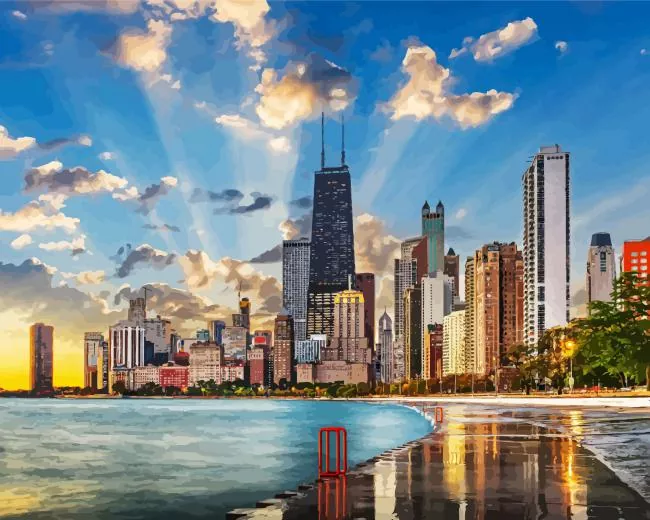 Illinois chicago skyline lake shore Diamond With Numbers Illinois Chicago Skyline Lake Shore 5D Diamond Painting