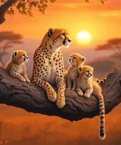 Cheetah And Cubs On Tree 5D Diamond Painting