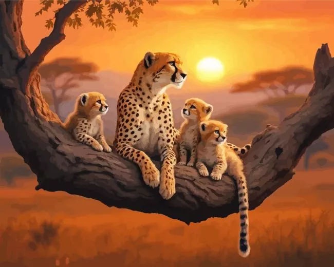 cheetah and cubs on tree Diamond Paintings Cheetah And Cubs On Tree 5D Diamond Painting