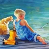 Child Fishing With His Cat 5D Diamond Painting