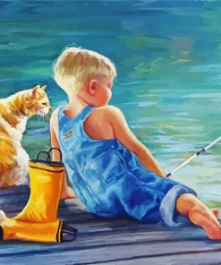 Child Fishing With His Cat 5D Diamond Painting