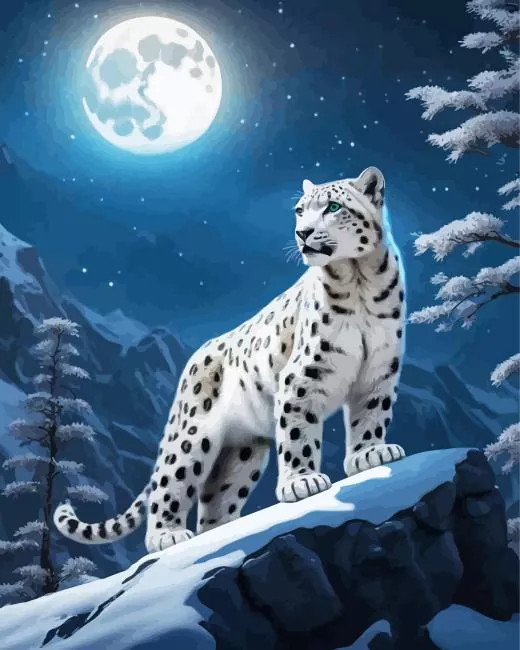 full moon snow leopard Diamond With Numbers Full Moon Snow Leopard 5D Diamond Painting